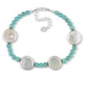 Sterling Silver White Coin Pearl and Turquoise Bracelet (12-15 mm)