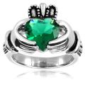 Stainless Steel Heart-cut Green Cubic Zirconia Claddagh Ring