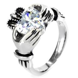 Stainless Steel Heart-cut Cubic Zirconia Claddagh Ring