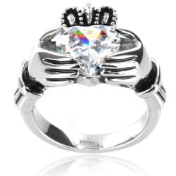 Stainless Steel Heart-cut Cubic Zirconia Claddagh Ring