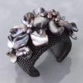 Rare Black Stingray Leather Shell and Pearl Cuff (5-8 mm) (Thailand)