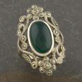 Sterling Silver 'Floral' Green Agate and Marcasite Ring (Thailand)