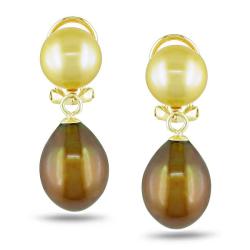 14k Yellow Gold Freshwater Gold and Brown Pearl Dangle Earrings (10-11 mm)
