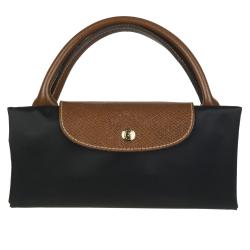 Longchamp 'Le Pliage' Black Nylon Brown Leather Handle Travel Bag