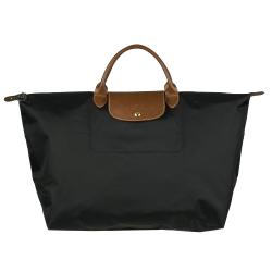 Longchamp 'Le Pliage' Black Nylon Brown Leather Handle Travel Bag