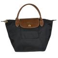 Longchamp Mini 'Le Pliage' Black Nylon Brown Leather Handle Tote Bag