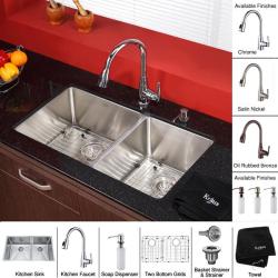 Kraus 33-in Undermount Double Bowl Stainless Steel Kitchen Sink with Kitchen Faucet and Soap Dispenser