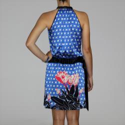 Bilingual Clothing Women's Navy Silk Tulip-print Halter Drop Waist Dress
