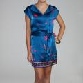 Bilingual Clothing Women's Blue Silk Floral Border Print Mini Shift Dress