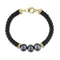 Goldtone Black Pearl and Black Leather Bracelet (9-10 mm)