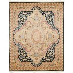 Asian Hand-knotted Royal Kerman Black/ Ivory Wool Rug (8' x 10')