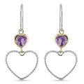 14k Yellow Gold and Sterling Silver Heart-cut Amethyst Dangle Earrings