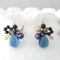 Sterling Silver Blue Crystal and Natural Pearl Teardrop Earrings (6-8 mm)(Thailand)
