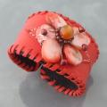 Red Leather Gemstone and Pearl Flower Cuff Bracelet (4-5 mm)(Thailand)