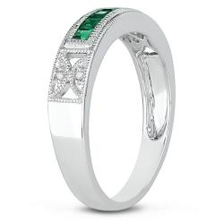 10k White Gold Created Emerald and Diamond Accent Ring