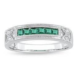 10k White Gold Created Emerald and Diamond Accent Ring