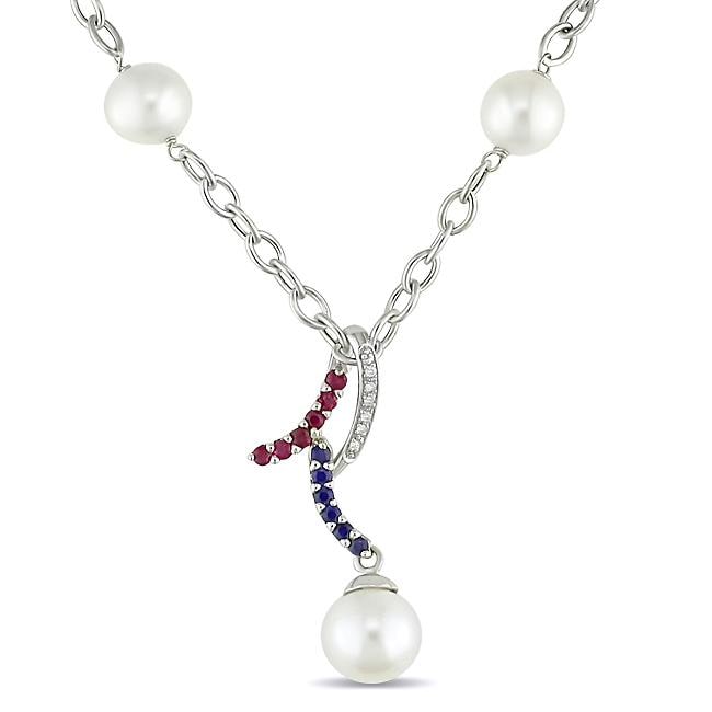   Sapphire, Ruby, FW Pearl and Diamond Accent Necklace  