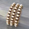 Set of 3 Brass White Pearl Bead Link Bracelets (5 mm)(Thailand)