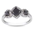 Miadora 10k White Gold 1ct TDW Black and White Diamond Halo Ring