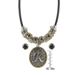 Two-tone Initial 'K' Antiqued Necklace and Earring Set