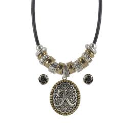 Two-tone Initial 'K' Antiqued Necklace and Earring Set
