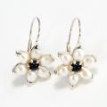 Sterling Silver Pearl and Onyx Flower Earrings (India)