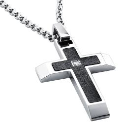 Stainless Steel Men's Clear Cubic Zirconia Diamond-cut Cross Necklace