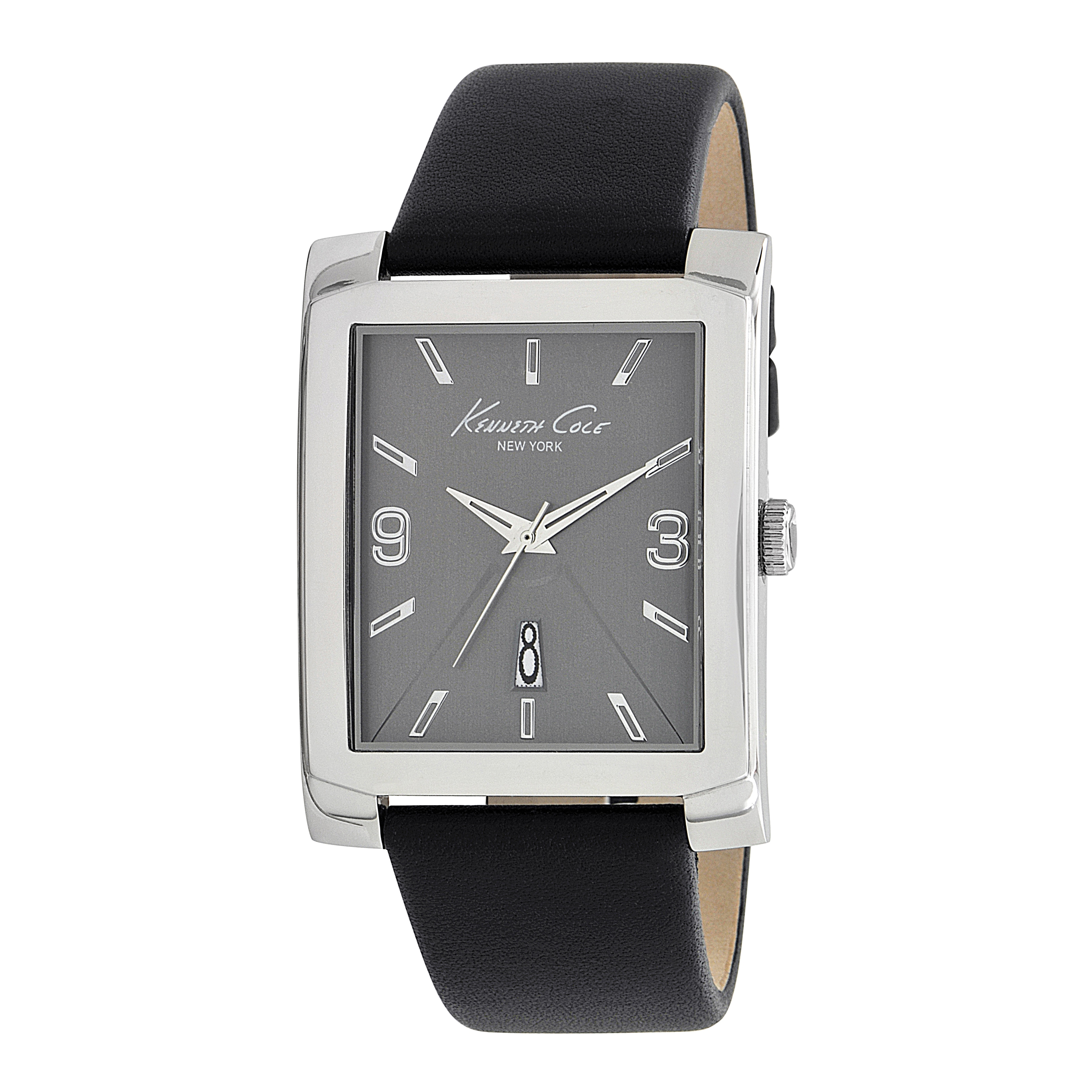 Cole New York Men's Leather Strap Classic Rectangle Watch