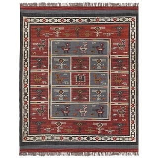Hand-woven Tribal Red Wool/ Jute Rug (10' x 14')