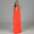 Morgan & Co Juniors Neon Coral Chunky Rhinestone Bust Long Dress