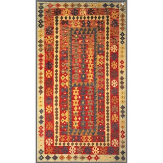 Afghan Hand-knotted Mimana Kilim Red/ Ivory Wool Rug (3'8 x 6'5)