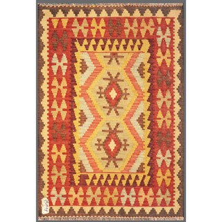 Afghan Hand-knotted Mimana Kilim Red/ Ivory Wool Rug (3'3 x 4'7)