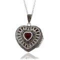 Dolce Giavonna Silver Overlay Garnet and Marcasite Heart Locket Necklace