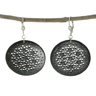 Hand-carved Black Lacy Round Bone Earrings (India)