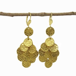 Handmade Goldtone Stamped Disk Chandelier Earrings (India)