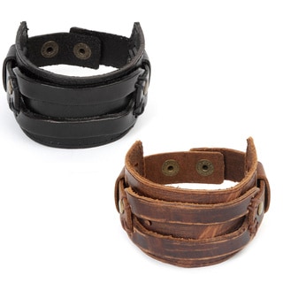 Distressed Leather Men's Rectangle Stitch Detail Bracelet