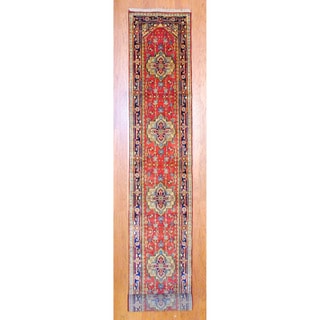 Low Price Indo Hand-knotted Heriz Red/ Navy Wool Rug (2'6 x 20')