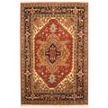 Indo Hand-knotted Heriz Red/ Navy Wool Rug (4' x 6')