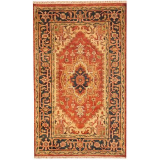 Indo Hand-knotted Heriz Red/ Navy Wool Rug (3' x 5')