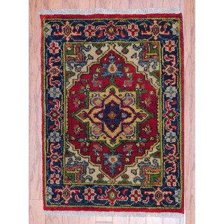 Herat Oriental Indo Hand-knotted Heriz Red/ Navy Wool Rug (2' x 3')