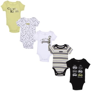 Calvin Klein Newborn Boys Printed Bodysuits Set in White/ Green/ Black (Set of 5)