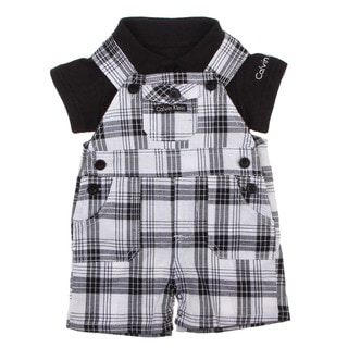 Calvin Klein Newborn Boys Black Polo with Black/ White Plaid Overalls Set