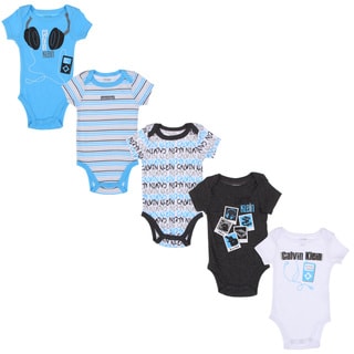 Calvin Klein Newborn Boys Printed Bodysuits Set in Blue/ White/ Black (Set of 5)