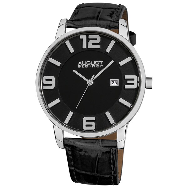 August Steiner Men's Slim Swiss Quartz Date Black Genuine Leather Strap Watch