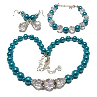 Silverplated Turquoise Blue Glass Pearl and Clear AB Crystal Jewelry Set