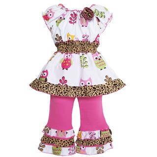AnnLoren Girl's Owl and Leopard Print Tunic and Capri Set
