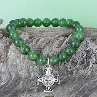 Handmade Emerald Jade Beads/ Antique Cross Charm Stretch Charm Bracelet