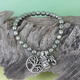 Handmade Pyrite Beads/ Antique Silverplated Om/ Buddha/ Tree of Life Stretch Charm Bracelet
