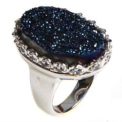 Adee Waiss Silvertone Blue Druzy Oval Ring