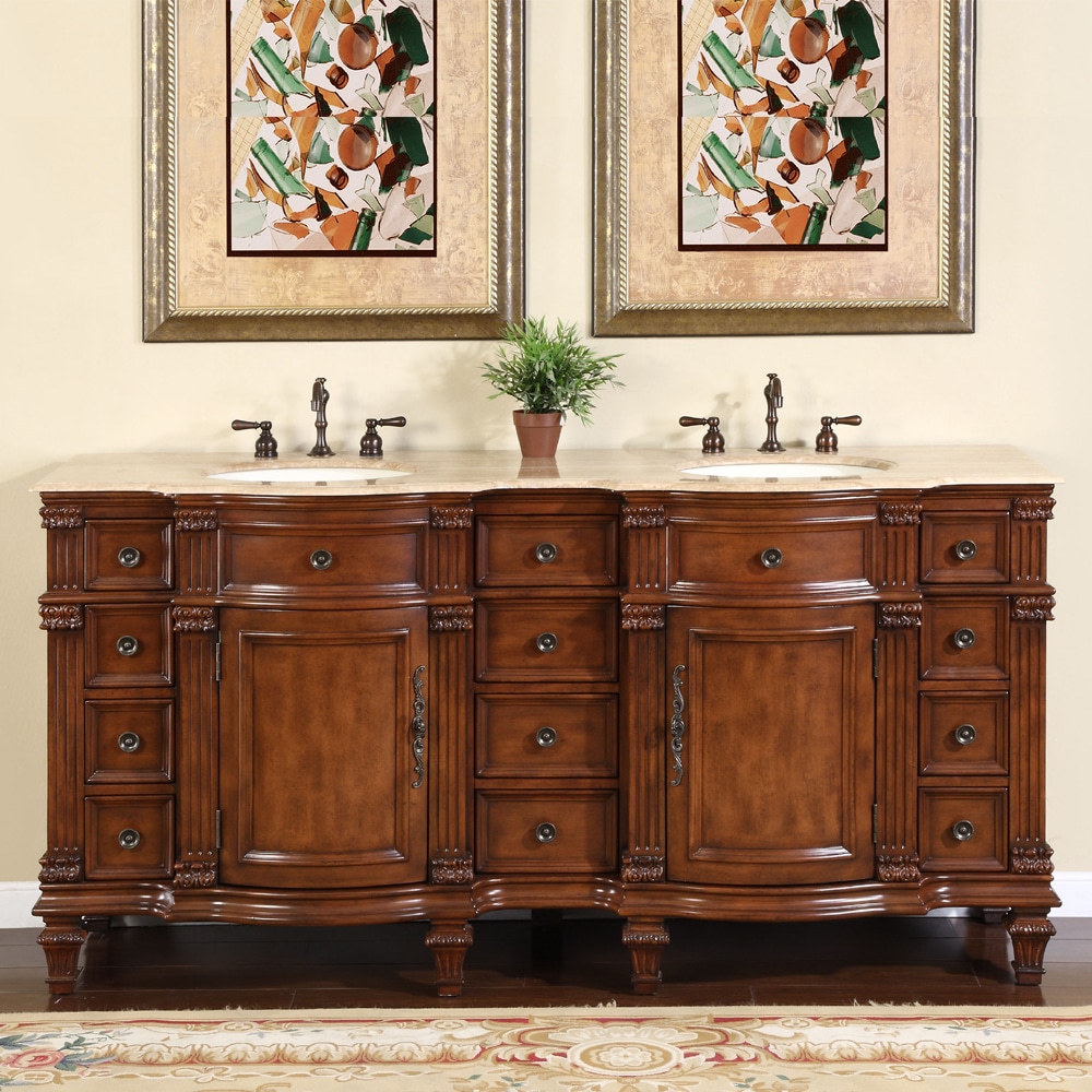 Silkroad Exclusive Travertine Stone Top Bathroom Double Vanity Lavatory Sink Cabinet 72 Inch